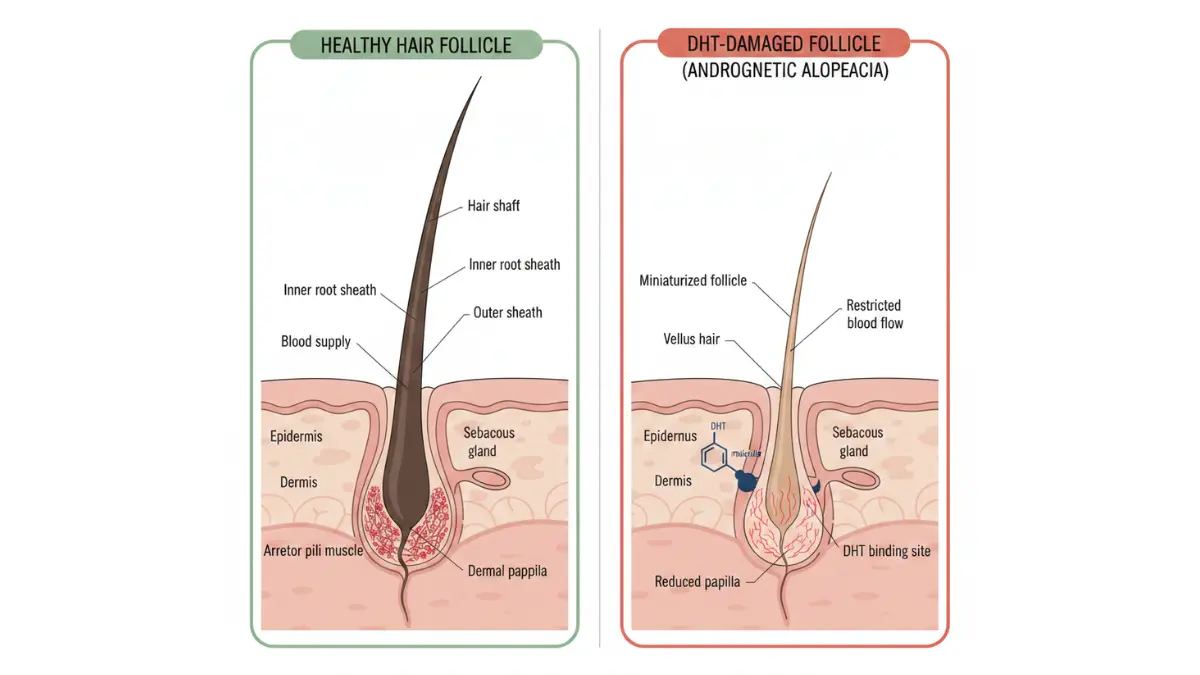 Hair Loss Therapy diagram showing healthy vs DHT-damaged hair follicle miniaturization cross-section