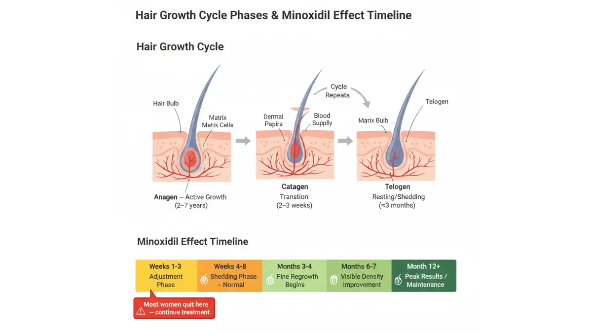 Hair follicle growth cycle phases anagen catagen telogen alongside treatment timeline showing shedding and regrowth stages of minoxidil for women
