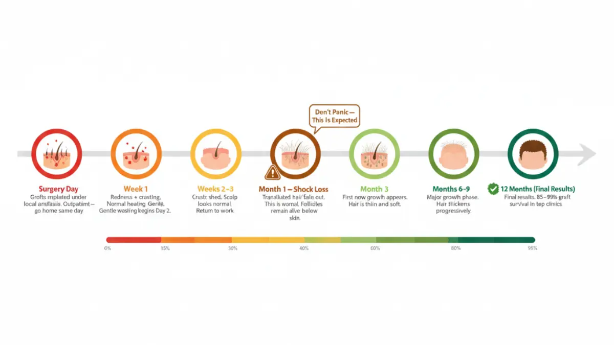 Hair transplant recovery timeline showing shock loss and regrowth stages after Hair growth surgery
