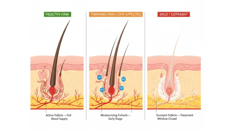 Medical anatomy diagram showing hair loss progression from healthy hair follicle to miniaturized DHT-affected follicle and dormant bald follicle in scalp cross section