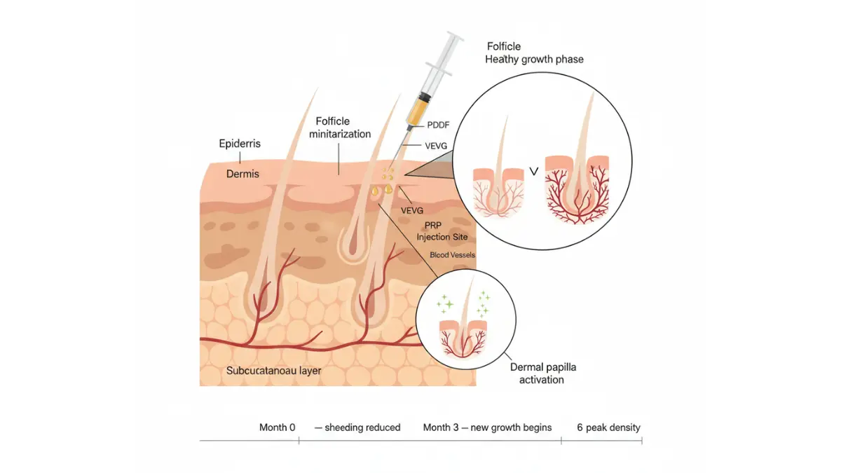 Scalp cross-section diagram showing PRP therapy results for hair regrowth with follicle activation and dermal papilla stimulation