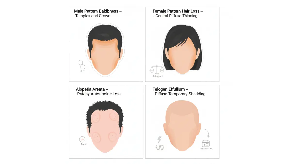 Top-down scalp anatomy diagram comparing different hair loss types including male pattern baldness, female pattern hair loss, alopecia areata, and telogen effluvium