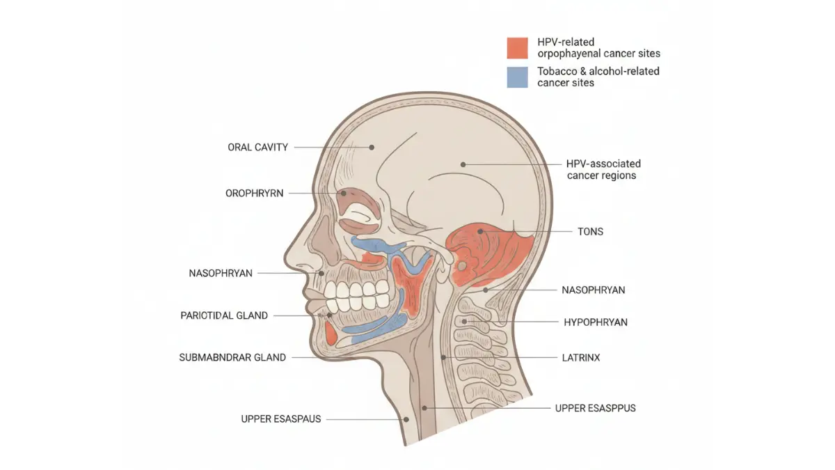 Head and neck cancer anatomy diagram showing HPV-affected tonsils and base of tongue highlighted in red