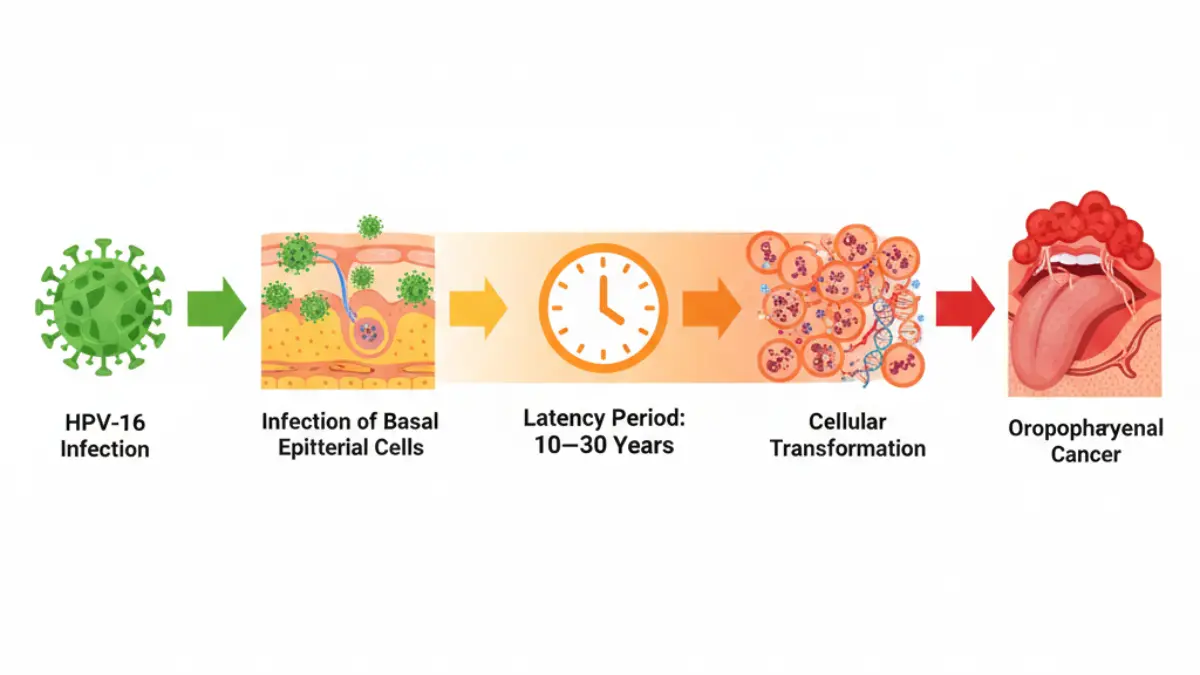 Head and neck cancer infographic illustrating HPV-16 infection progression from exposure through long latency to cancer development