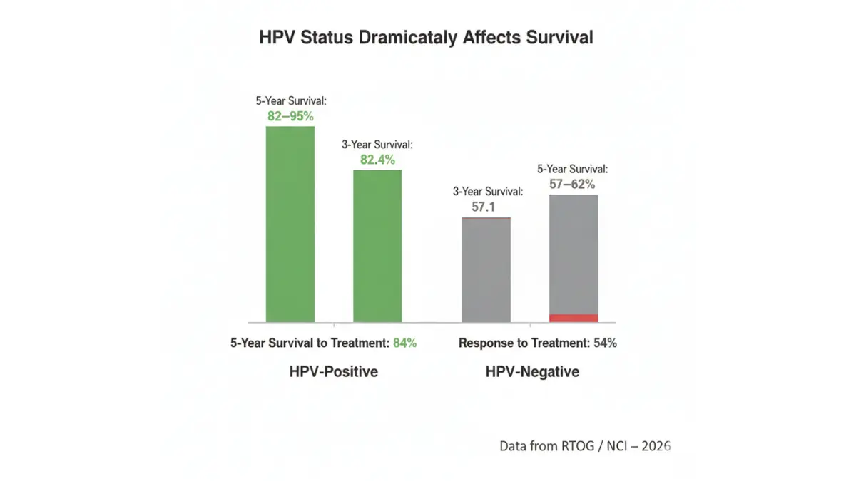 Head and neck cancer survival comparison chart showing higher survival rates in HPV-positive versus HPV-negative cases