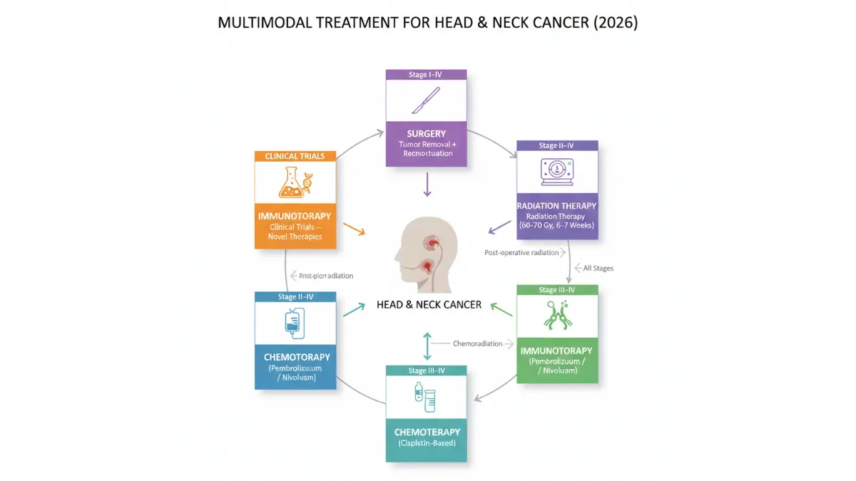 Head and neck cancer treatment diagram showing surgery, radiation, chemotherapy, and immunotherapy working together