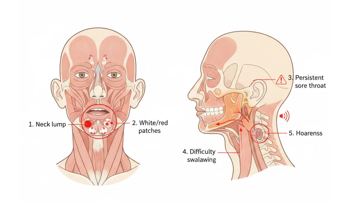 Head and neck cancer warning signs illustrated with anatomical locations including neck lump, sore throat, and swallowing difficulty