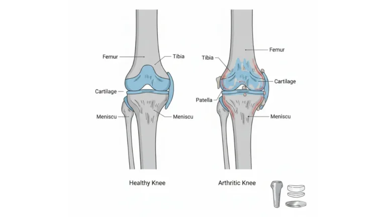 Knee Replacement anatomy illustration comparing healthy knee joint with arthritic knee showing cartilage loss and implant components