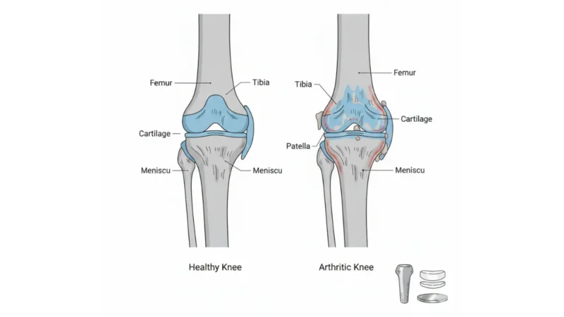 Knee Replacement anatomy illustration comparing healthy knee joint with arthritic knee showing cartilage loss and implant components