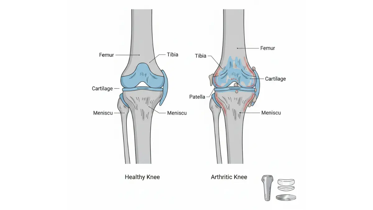 Knee Replacement anatomy illustration comparing healthy knee joint with arthritic knee showing cartilage loss and implant components