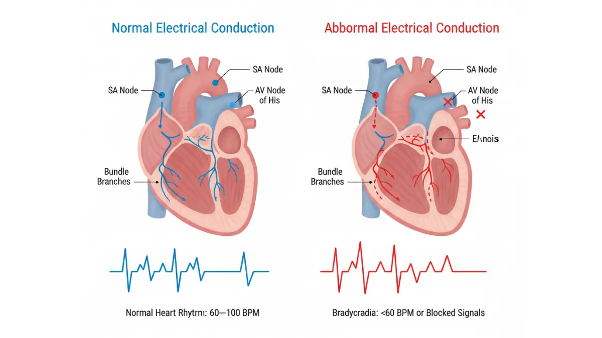 Medical diagram of heart electrical conduction system showing SA node AV node bundle branches normal rhythm versus bradycardia heart block pacemaker