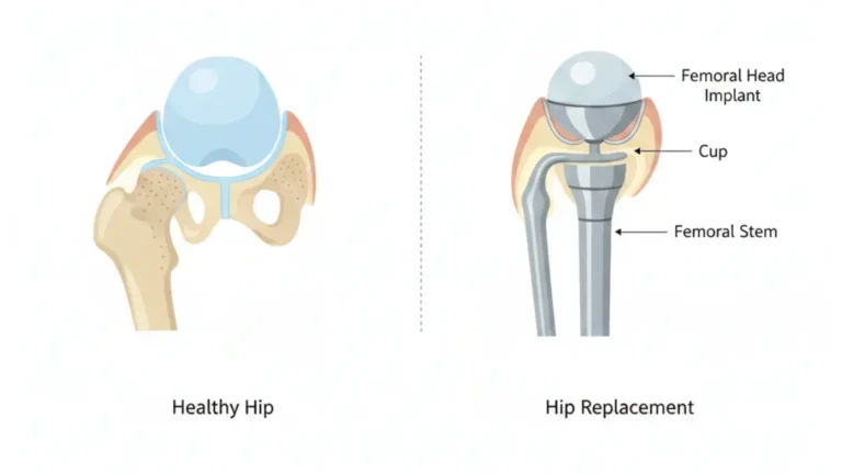Hip Replacement anatomy diagram comparing healthy natural hip joint and total hip replacement implant components