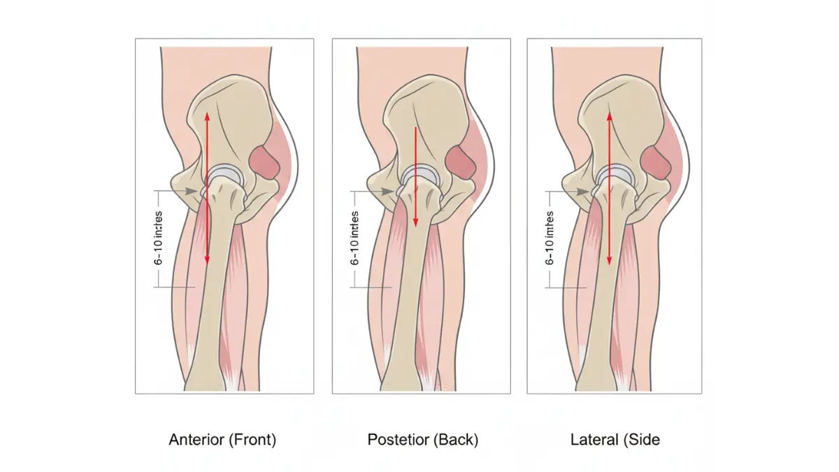 Hip Replacement surgical approaches diagram showing anterior, posterior, and lateral incision locations with muscle anatomy
