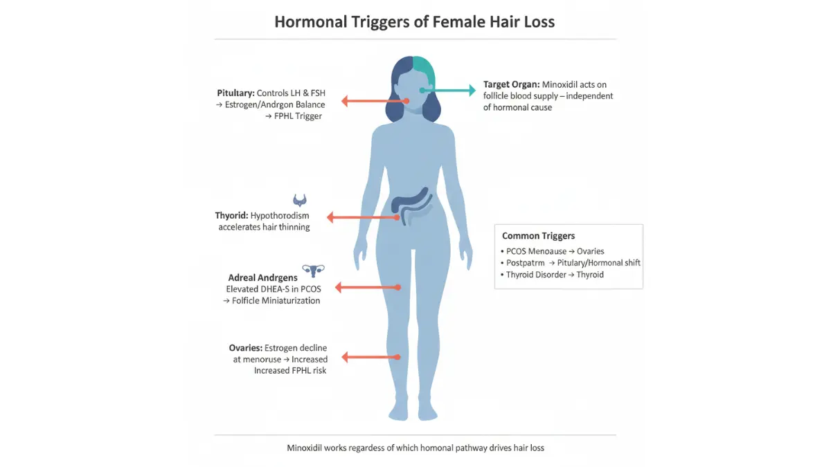 Medical infographic showing hormonal causes of female pattern hair loss including thyroid adrenal ovarian and pituitary influences treated with minoxidil for women