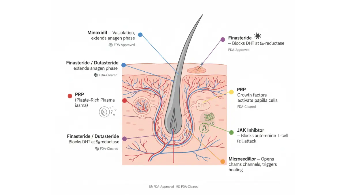 Hair Loss Therapy mechanism diagram showing how treatments target different parts of the hair follicle
