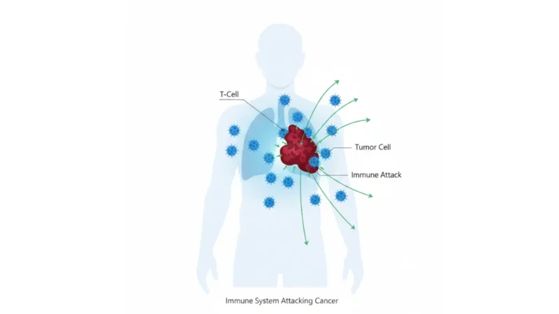 Immunotherapy diagram showing T-cells attacking a tumor inside the human body