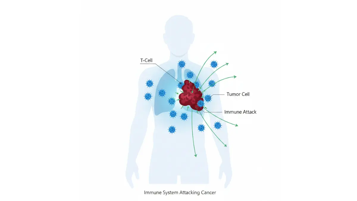 Immunotherapy diagram showing T-cells attacking a tumor inside the human body