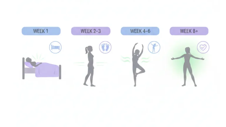 Hysterectomy recovery timeline illustration showing week-by-week healing stages from surgery to full recovery with activity progression milestones