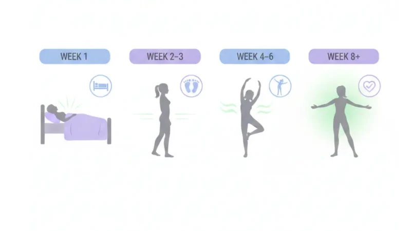 Hysterectomy recovery timeline illustration showing week-by-week healing stages from surgery to full recovery with activity progression milestones