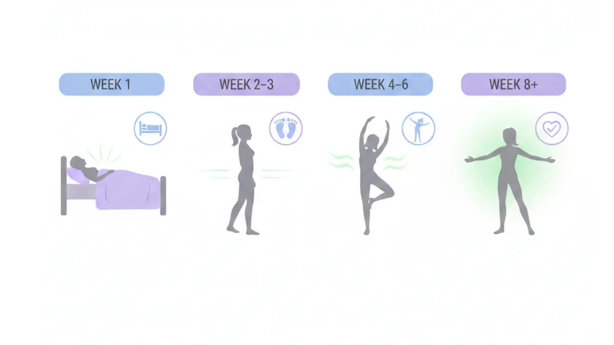 Hysterectomy recovery timeline illustration showing week-by-week healing stages from surgery to full recovery with activity progression milestones