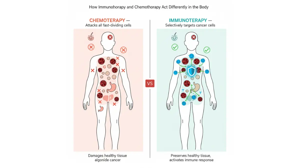 Immunotherapy vs chemotherapy comparison diagram showing targeted immune attack versus widespread cell damage
