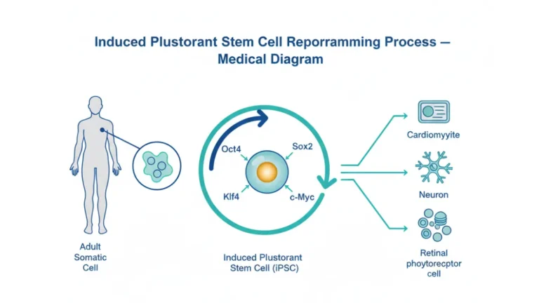 Induced Pluripotent Stem Cells reprogramming process diagram showing adult somatic skin cell converted into iPSC using Yamanaka factors and differentiating into heart neuron pancreatic and retinal cells