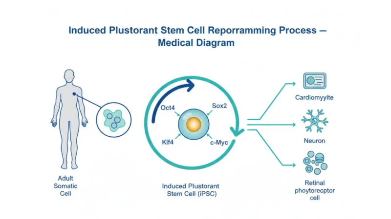 Induced Pluripotent Stem Cells reprogramming process diagram showing adult somatic skin cell converted into iPSC using Yamanaka factors and differentiating into heart neuron pancreatic and retinal cells