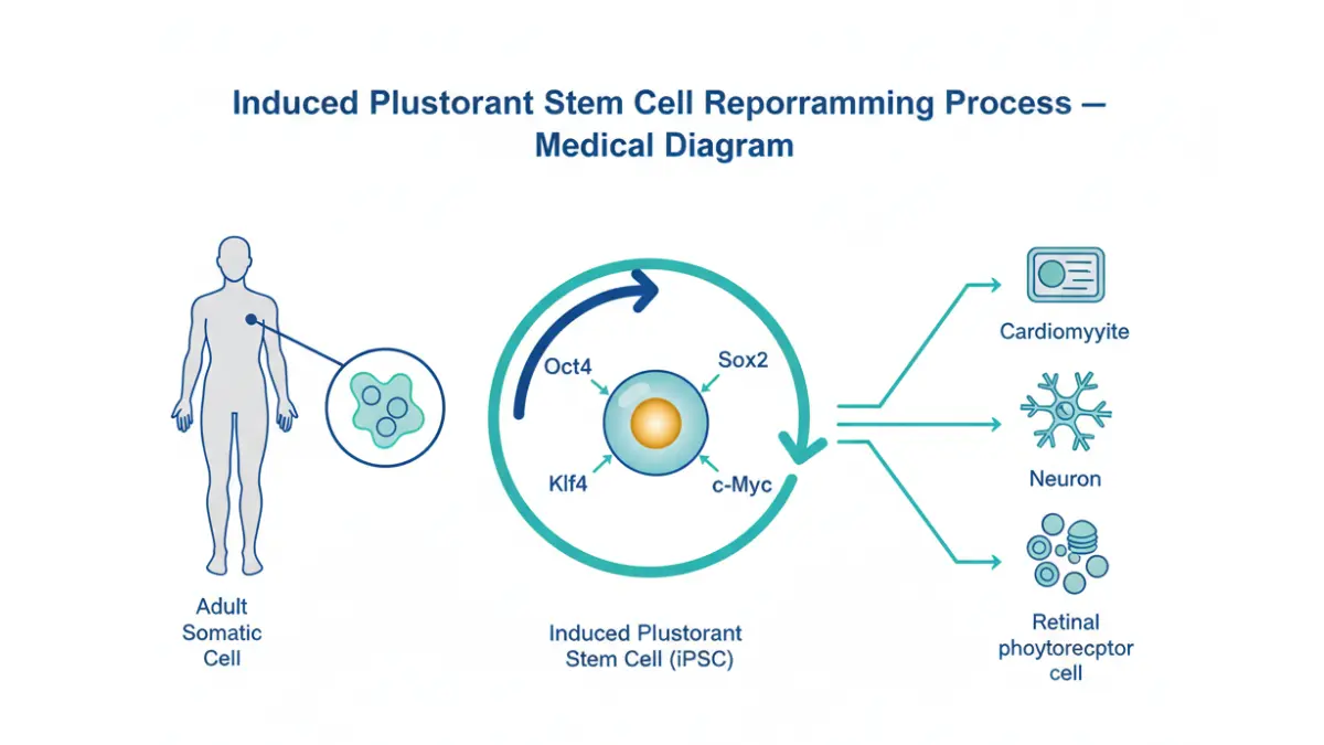 Induced Pluripotent Stem Cells reprogramming process diagram showing adult somatic skin cell converted into iPSC using Yamanaka factors and differentiating into heart neuron pancreatic and retinal cells