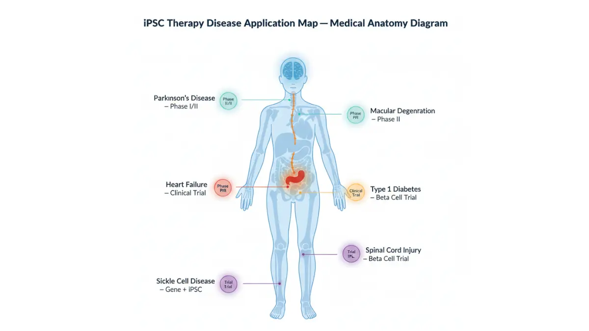Induced Pluripotent Stem Cells therapy application map showing human body targets including Parkinsons disease heart failure diabetes macular degeneration spinal cord injury and sickle cell disease