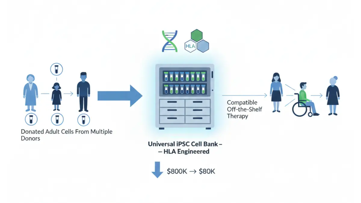 Induced Pluripotent Stem Cells universal bank diagram showing HLA engineered donor cells stored for off the shelf stem cell therapy for multiple patients