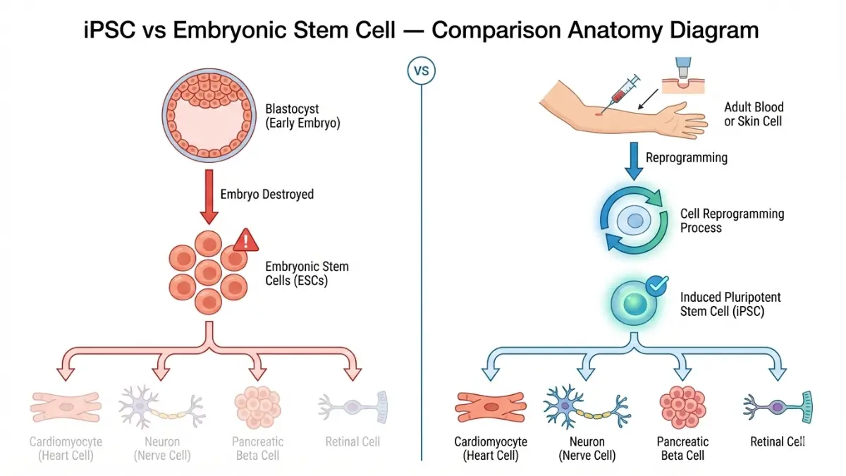 Induced Pluripotent Stem Cells versus embryonic stem cells comparison diagram showing ethical differences and reprogramming pathways from adult cells and embryos