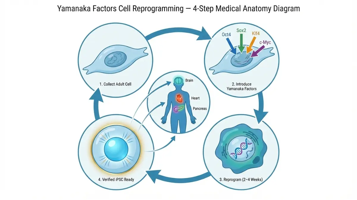 Induced Pluripotent Stem Cells creation process showing four step reprogramming of adult cells using Yamanaka factors Oct4 Sox2 Klf4 and c-Myc
