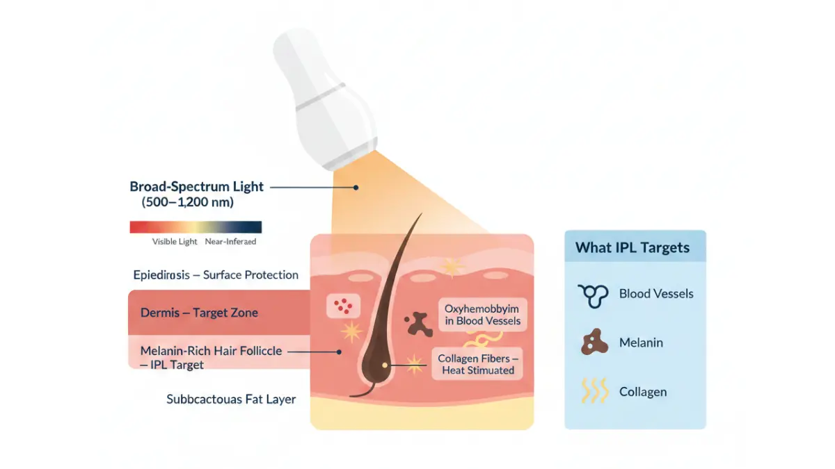 IPL Treatment diagram showing how broad-spectrum light penetrates skin layers to target melanin, blood vessels, and collagen in the dermis