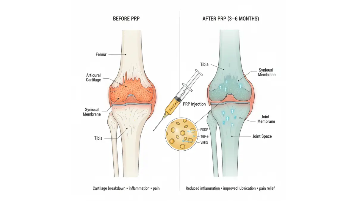 Anatomical knee cross-section showing PRP therapy results before and after treatment with cartilage improvement and reduced inflammation