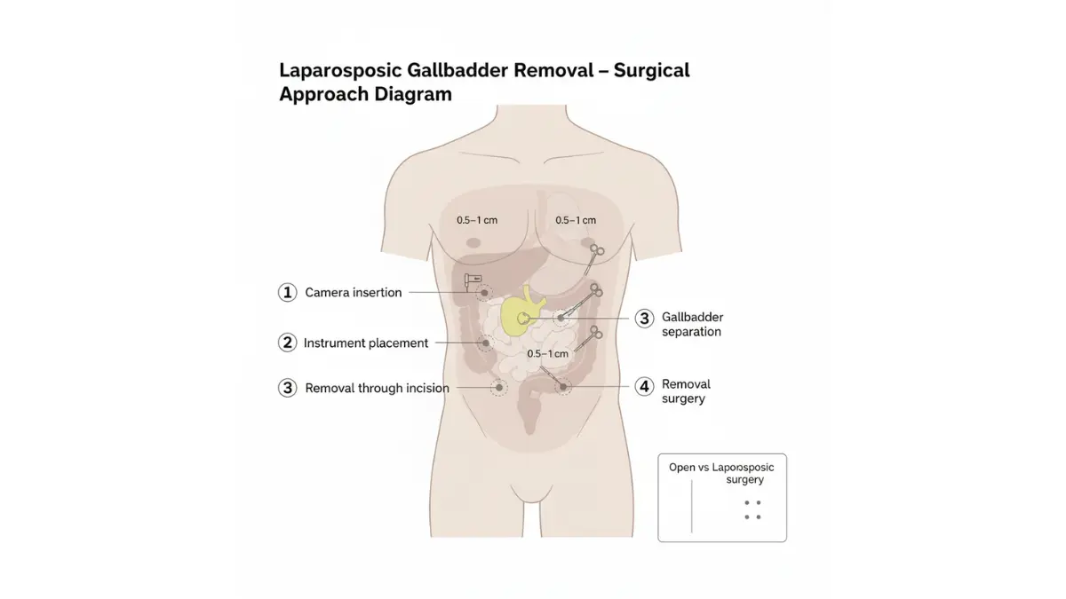 Gallbladder Pain surgery diagram showing laparoscopic gallbladder removal with small incision points