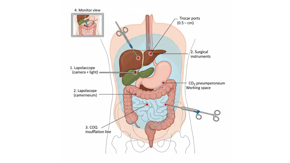 Laparoscopic Surgery anatomy diagram showing trocar ports, camera insertion, surgical instruments, and CO2 pneumoperitoneum in a cross-sectional abdominal view