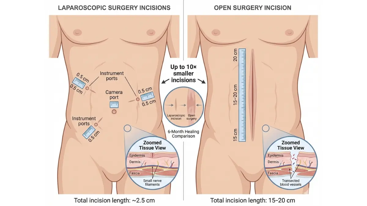 Laparoscopic Surgery incision size comparison showing four small ports versus a large open surgery incision with anatomical tissue layers