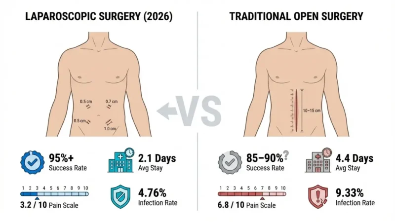 Laparoscopic Surgery comparison infographic showing higher success rates, smaller incisions, lower pain, and reduced infection risk versus open surgery