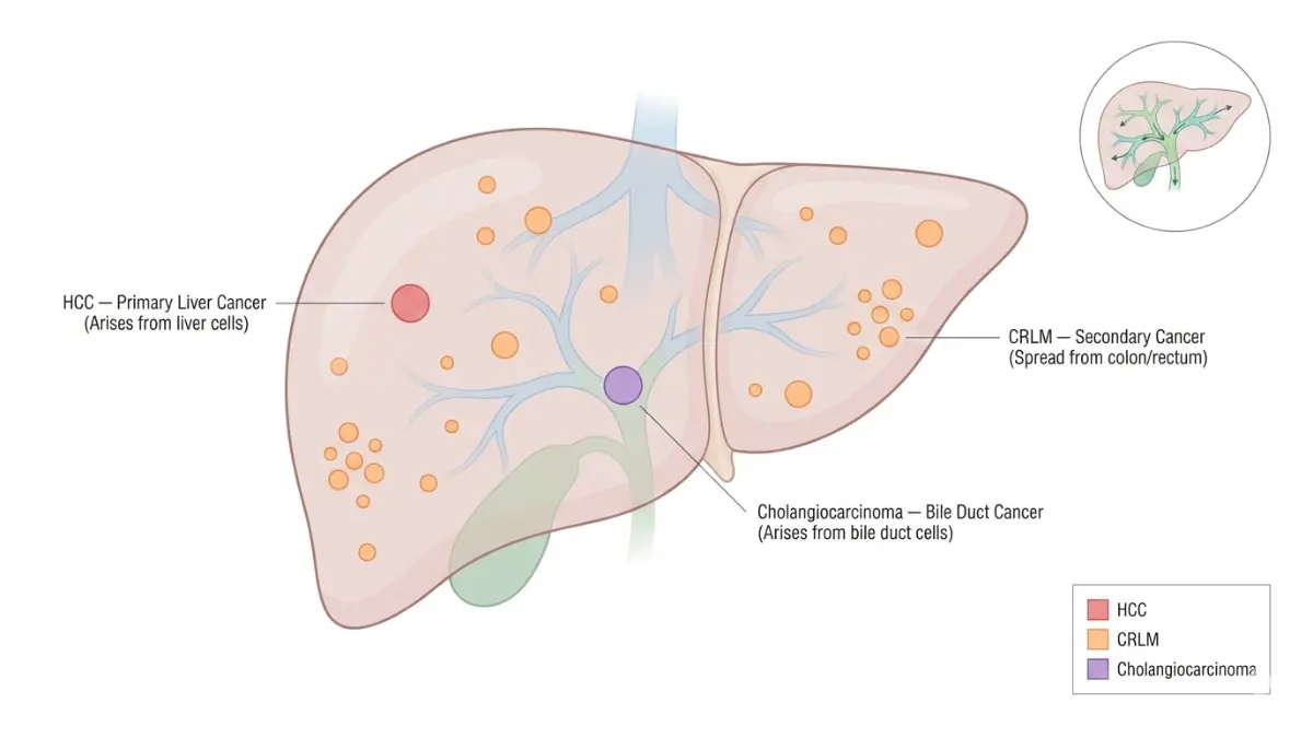 Anatomy diagram of Liver Resection showing HCC colorectal liver metastases and cholangiocarcinoma tumor locations