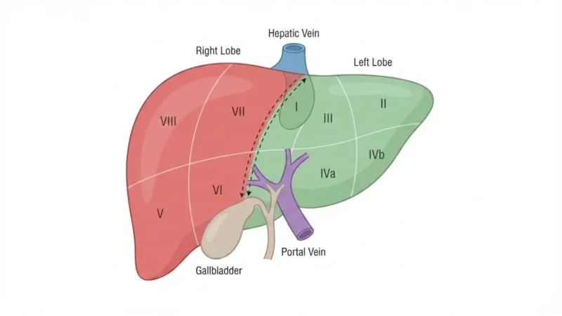 Medical diagram of Liver Resection showing Couinaud liver segments with right hepatectomy removal zone and future liver remnant