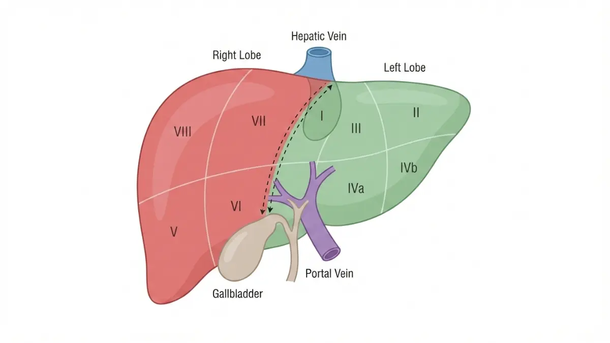Medical diagram of Liver Resection showing Couinaud liver segments with right hepatectomy removal zone and future liver remnant
