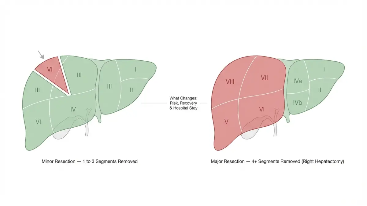Medical comparison diagram of Liver Resection showing minor hepatectomy versus major hepatectomy segments removed