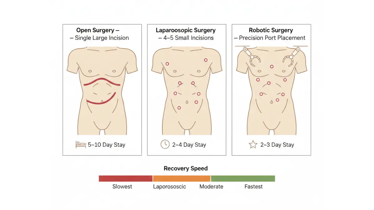 Medical diagram of Liver Resection comparing open laparoscopic and robotic surgery incision patterns and recovery
