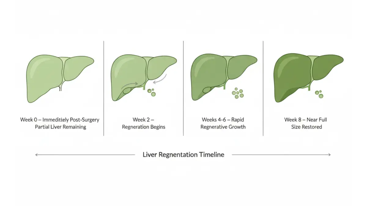 Medical timeline diagram of Liver Resection regeneration stages from week 0 to week 8 after hepatectomy