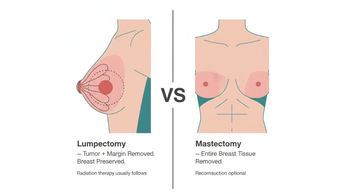 Medical anatomy diagram comparing lumpectomy and Mastectomy surgery showing tumor removal with margin versus full breast tissue removal illustration