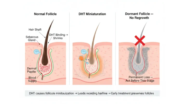 Medical anatomy diagram showing DHT-induced hair follicle miniaturization stages causing Receding Hairline from healthy follicle to dormant follicle