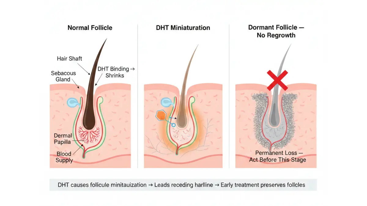 Medical anatomy diagram showing DHT-induced hair follicle miniaturization stages causing Receding Hairline from healthy follicle to dormant follicle