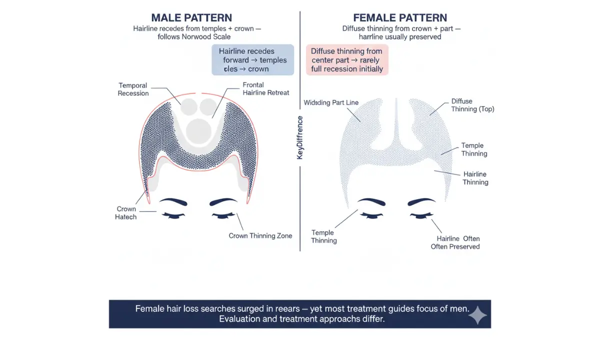 Medical comparison diagram of male and female pattern hair loss showing Receding Hairline in men versus diffuse thinning in women