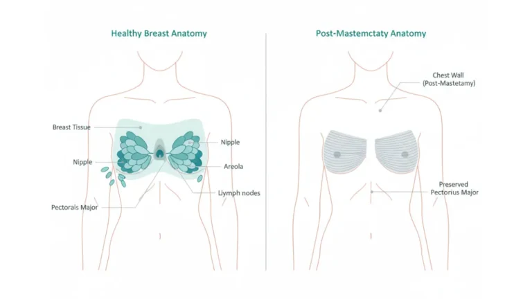 Medical anatomy diagram showing healthy breast structure and post-Mastectomy chest wall illustration with preserved pectoralis muscle 2026
