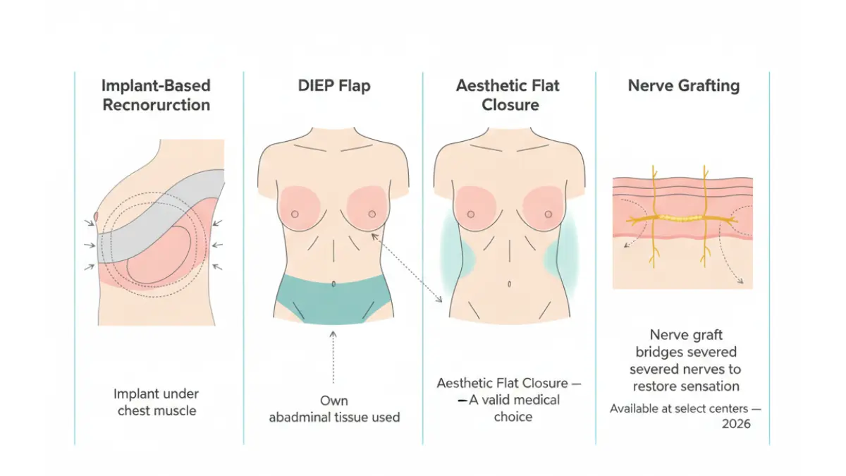Medical anatomy diagram comparing Mastectomy breast reconstruction options including implant-based reconstruction, DIEP flap, aesthetic flat closure and nerve grafting illustration 2026